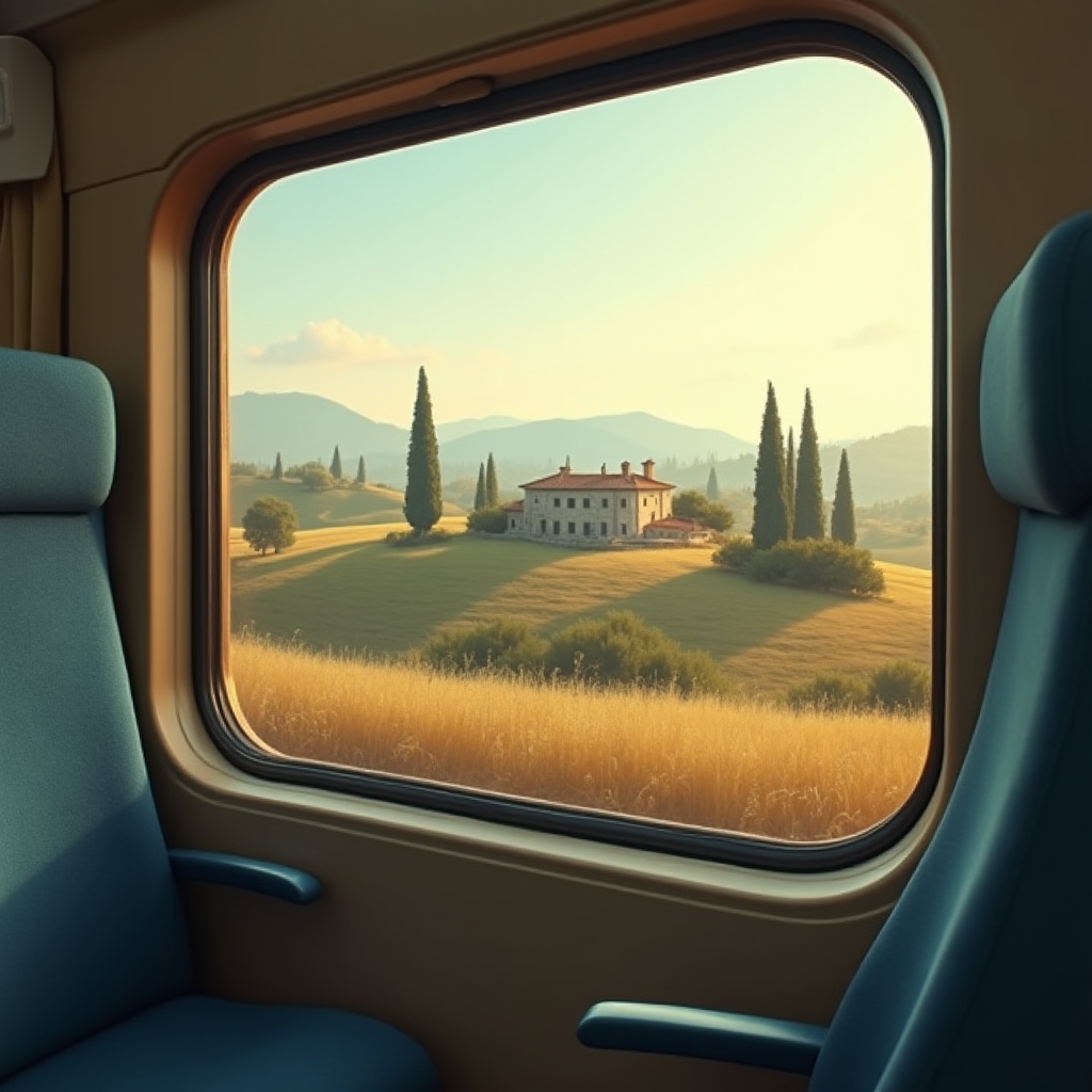 Vista dal finestrino di un treno regionale che attraversa la campagna italiana