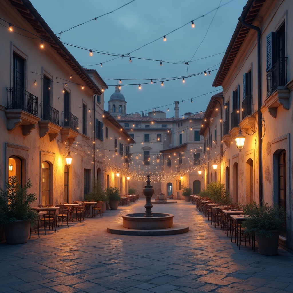 Piazza storica al tramonto con luci calde